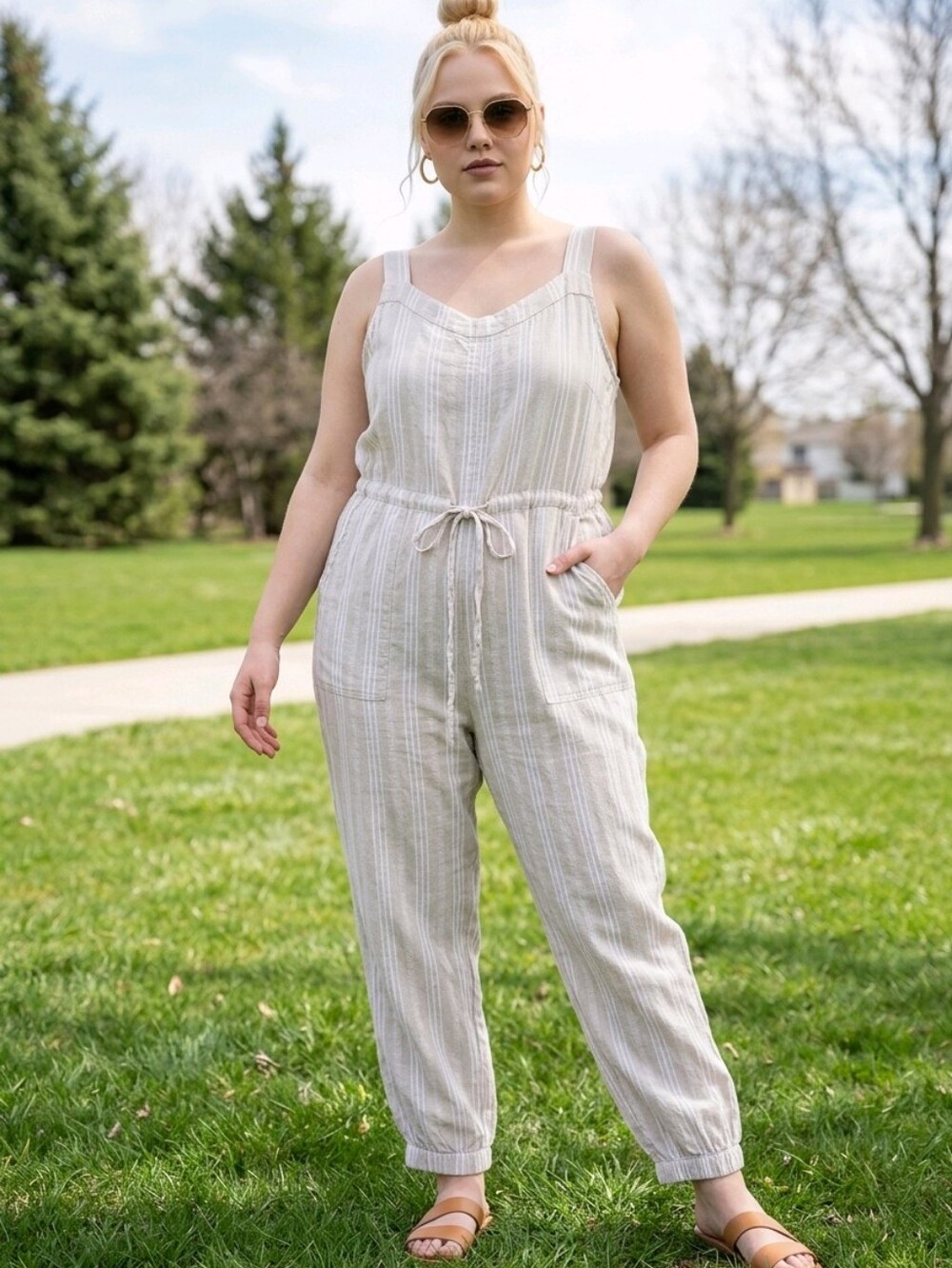 DKNY Linen Striped Sleeveless Drawstring Jumpsuit Light Beige XL